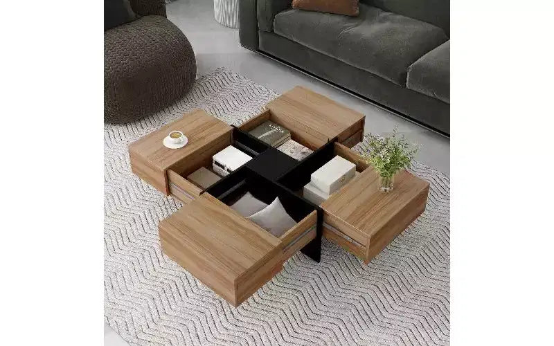 TUYOHW Extendable Puzzle-Top Coffee Table with 4 Hidden Storage, Smart Center Table, Square Table with Extendable Sliding Tabletop, Living Room Table
