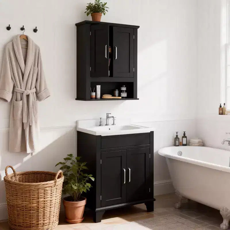 Pensile da bagno nero con 2 ante e 1 ripiano