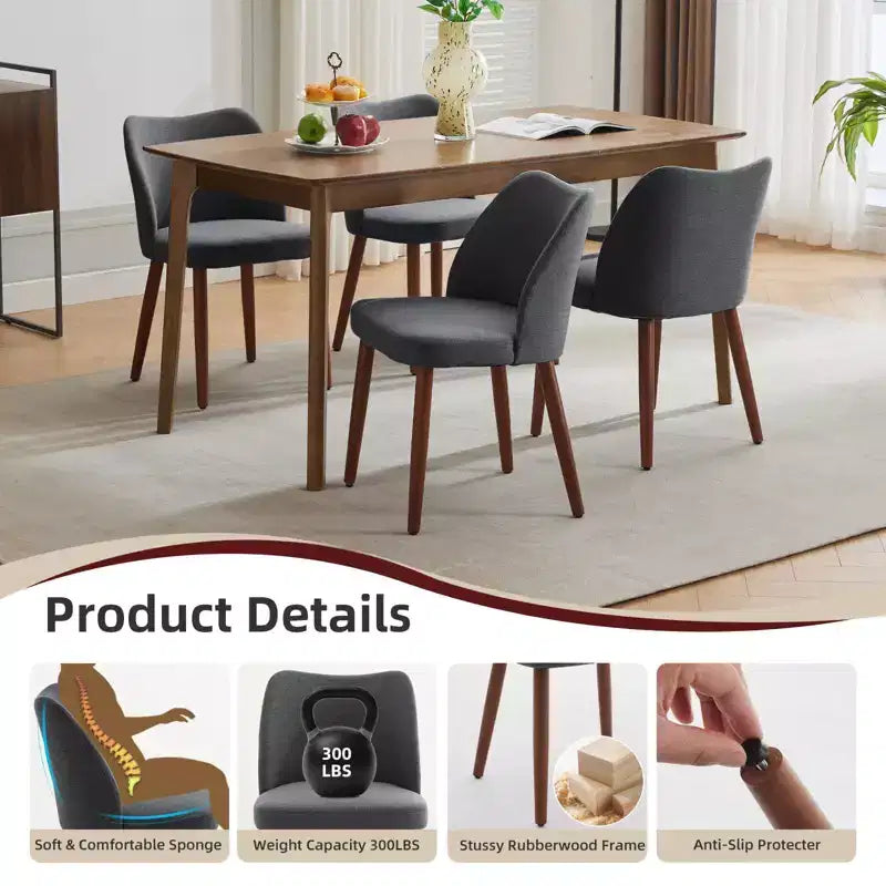 Set di 6 sedie da pranzo con schienale ad ala, schienale alto rivestito in lino con gambe in legno