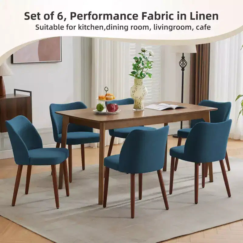 Set di 6 sedie da pranzo con schienale ad ala, schienale alto rivestito in lino con gambe in legno