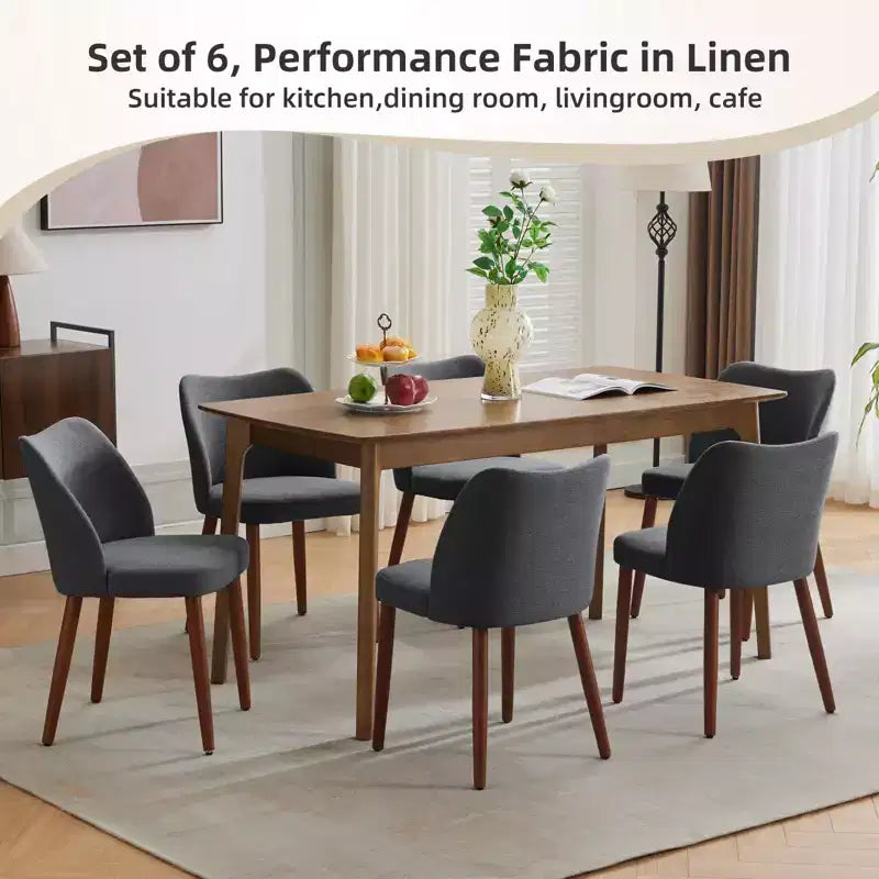 Set di 6 sedie da pranzo con schienale ad ala, schienale alto rivestito in lino con gambe in legno