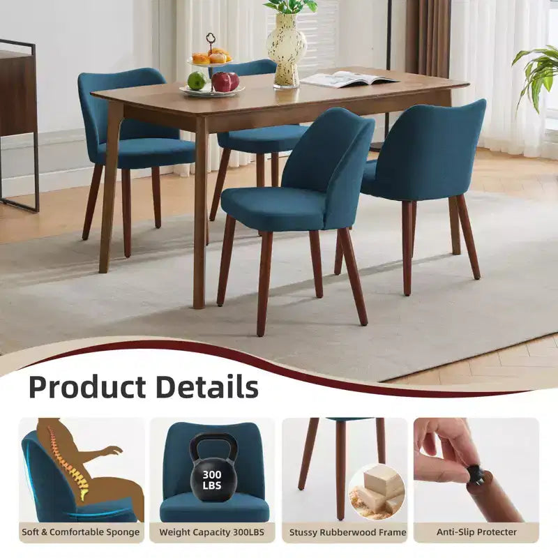 Set di 6 sedie da pranzo con schienale ad ala, schienale alto rivestito in lino con gambe in legno