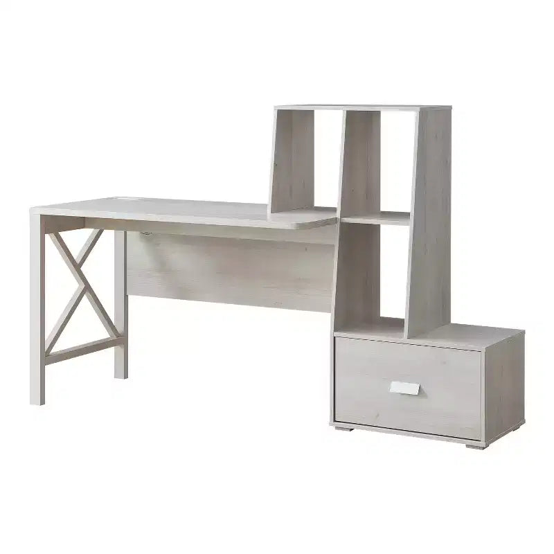 Scrivania multi-deposito in rovere bianco, stile transizionale con ricarica USB e ripiani aperti