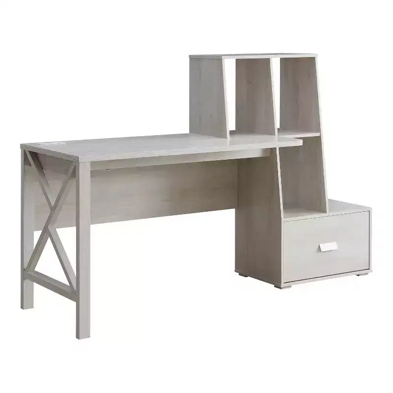 Scrivania multi-deposito in rovere bianco, stile transizionale con ricarica USB e ripiani aperti