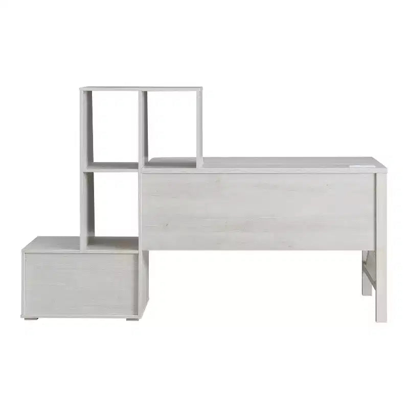 Scrivania multi-deposito in rovere bianco, stile transizionale con ricarica USB e ripiani aperti