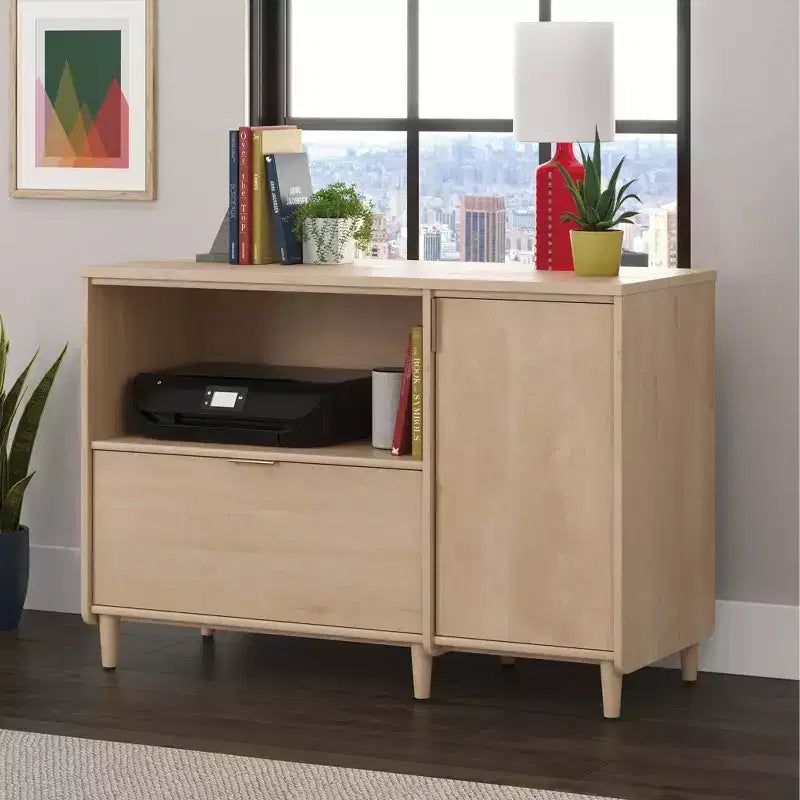 Clifford Place Office Credenza Natural Maple - Sauder: Media Stand with Adjustable Shelf & File Storage