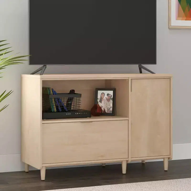 Clifford Place Office Credenza Natural Maple - Sauder: Media Stand with Adjustable Shelf & File Storage