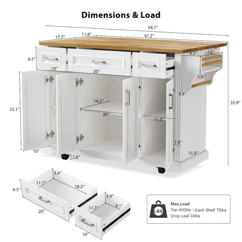 Grande isola da cucina con ribalta in legno, carrello da cucina arrotolabile con texture in rilievo, ante e cassetti con contenitore per cucina, bianco