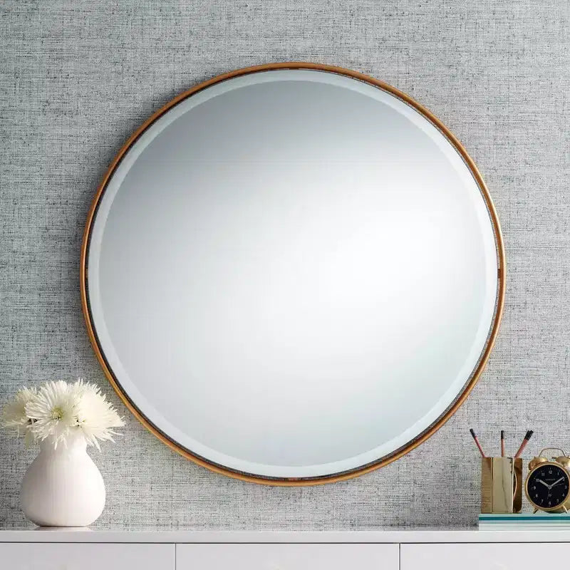 Uttermost Round Vanity Decorative Wall Mirror Vintage Beveled Edge Antiqued Gold Leaf Iron Frame 34 Wide for Bathroom Bedroom Living Room Home House