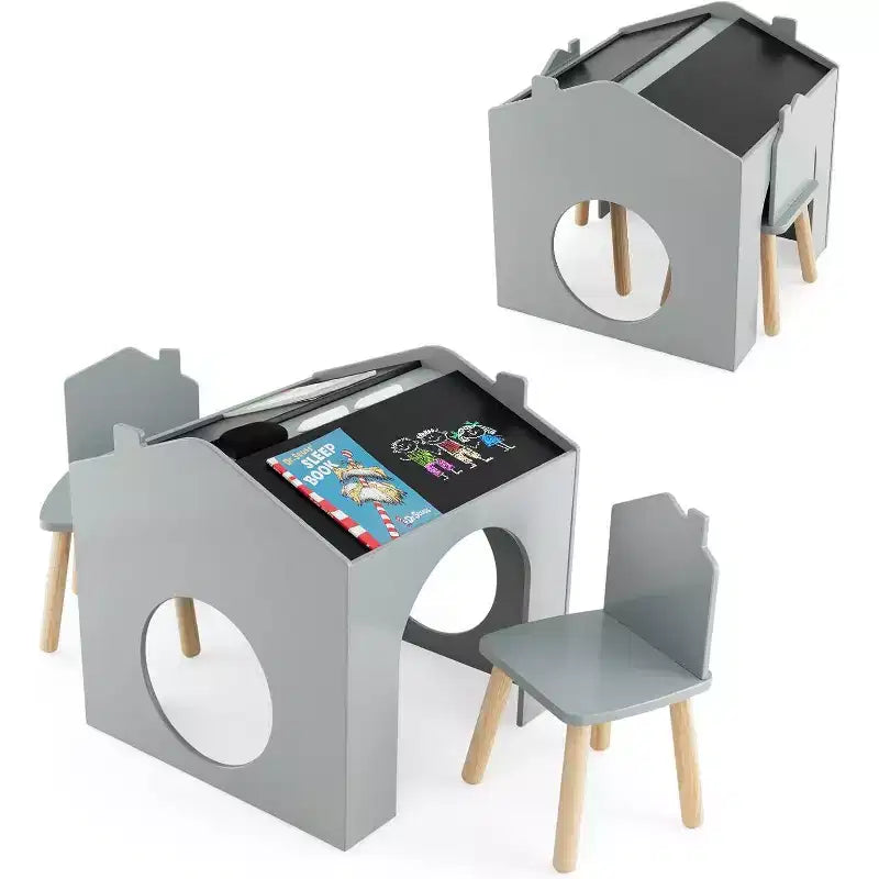 Costway 3 Piece Kids Wooden Table and Chair Set with Blackboard for Drawing Reading Green/Gray/White