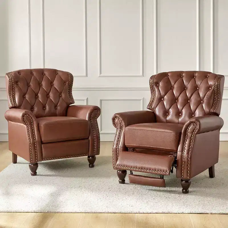Set of 2 Justine Transitiona Wooden Upholstery Genuine Leather Recliner with Nailhead Trim for Living Room and Bedroom| ART OF LIVING DESIGNS