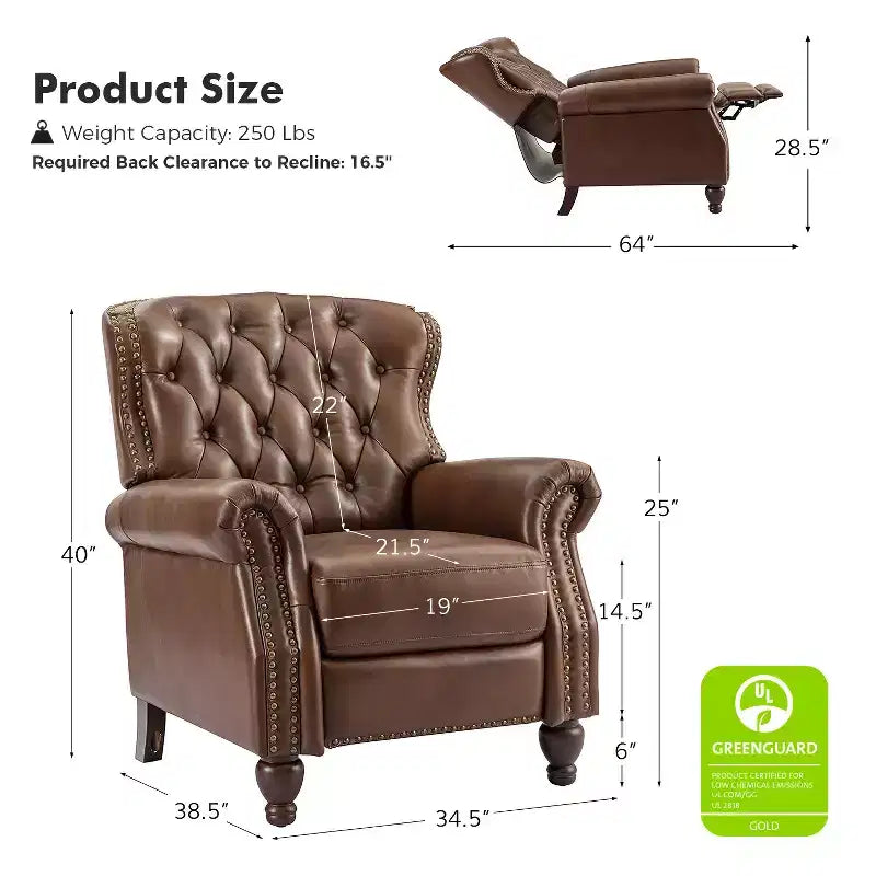Set of 2 Justine Transitiona Wooden Upholstery Genuine Leather Recliner with Nailhead Trim for Living Room and Bedroom| ART OF LIVING DESIGNS
