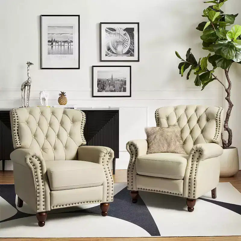 Set of 2 Justine Transitiona Wooden Upholstery Genuine Leather Recliner with Nailhead Trim for Living Room and Bedroom| ART OF LIVING DESIGNS