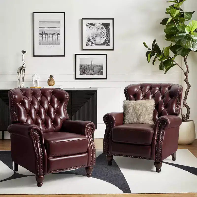 Set of 2 Justine Transitiona Wooden Upholstery Genuine Leather Recliner with Nailhead Trim for Living Room and Bedroom| ART OF LIVING DESIGNS