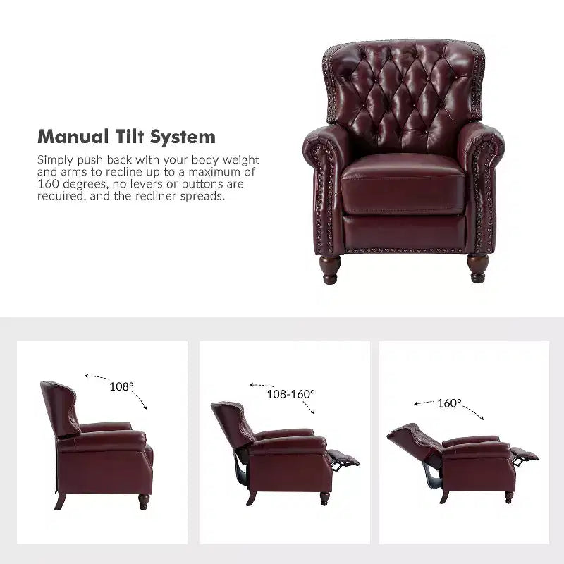 Set of 2 Justine Transitiona Wooden Upholstery Genuine Leather Recliner with Nailhead Trim for Living Room and Bedroom| ART OF LIVING DESIGNS