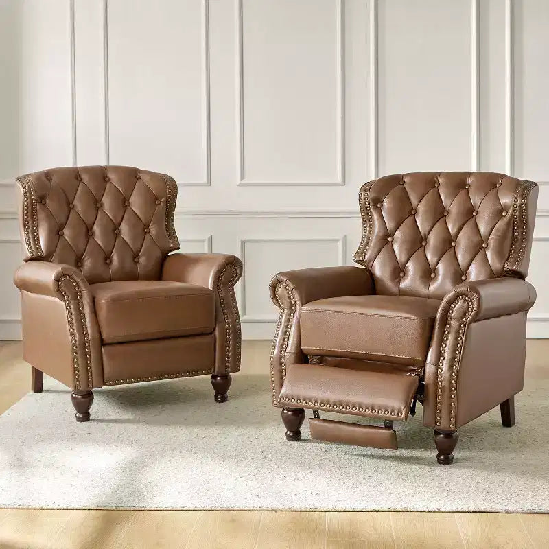 Set of 2 Justine Transitiona Wooden Upholstery Genuine Leather Recliner with Nailhead Trim for Living Room and Bedroom| ART OF LIVING DESIGNS