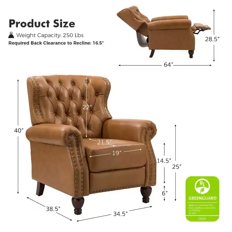 Set of 2 Justine Transitiona Wooden Upholstery Genuine Leather Recliner with Nailhead Trim for Living Room and Bedroom| ART OF LIVING DESIGNS