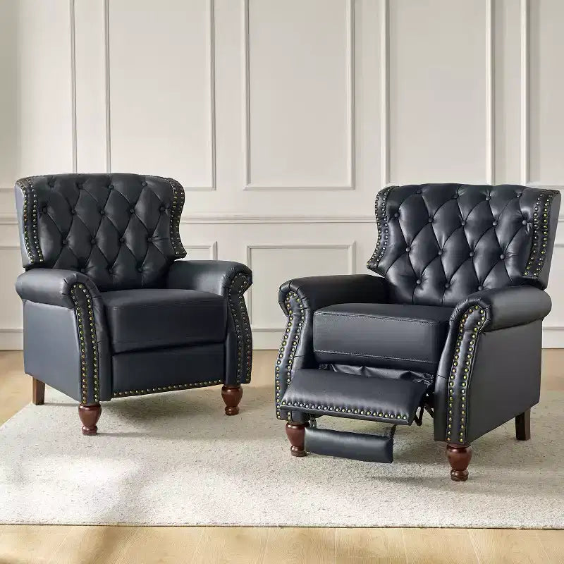 Set of 2 Justine Transitiona Wooden Upholstery Genuine Leather Recliner with Nailhead Trim for Living Room and Bedroom| ART OF LIVING DESIGNS