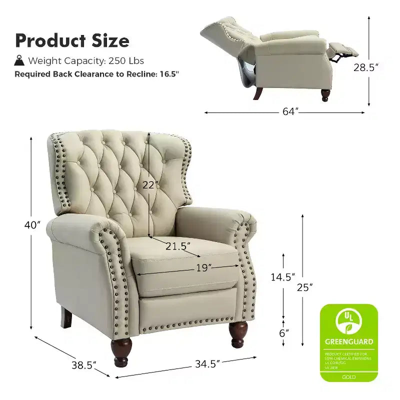 Set of 2 Justine Transitiona Wooden Upholstery Genuine Leather Recliner with Nailhead Trim for Living Room and Bedroom| ART OF LIVING DESIGNS