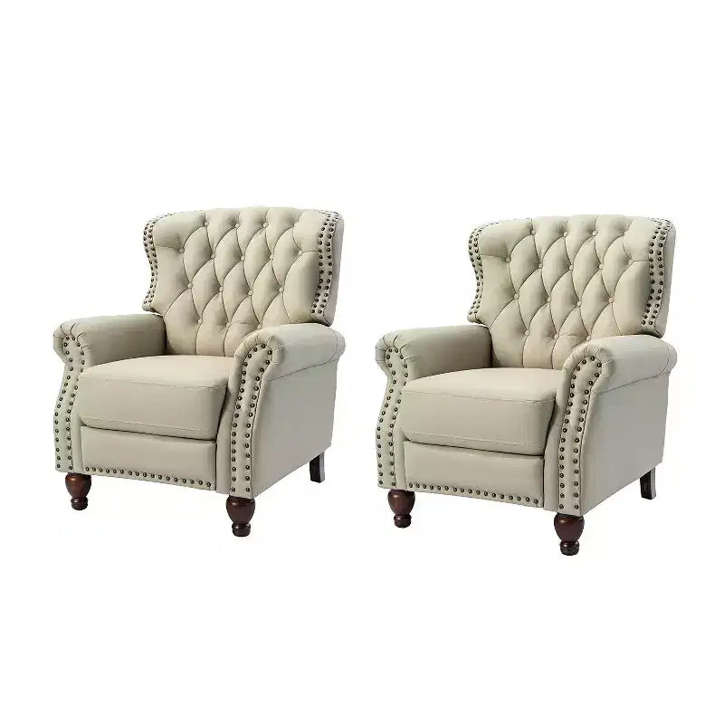 Set of 2 Justine Transitiona Wooden Upholstery Genuine Leather Recliner with Nailhead Trim for Living Room and Bedroom| ART OF LIVING DESIGNS