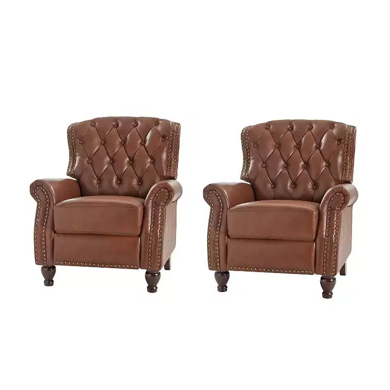 Set of 2 Justine Transitiona Wooden Upholstery Genuine Leather Recliner with Nailhead Trim for Living Room and Bedroom| ART OF LIVING DESIGNS