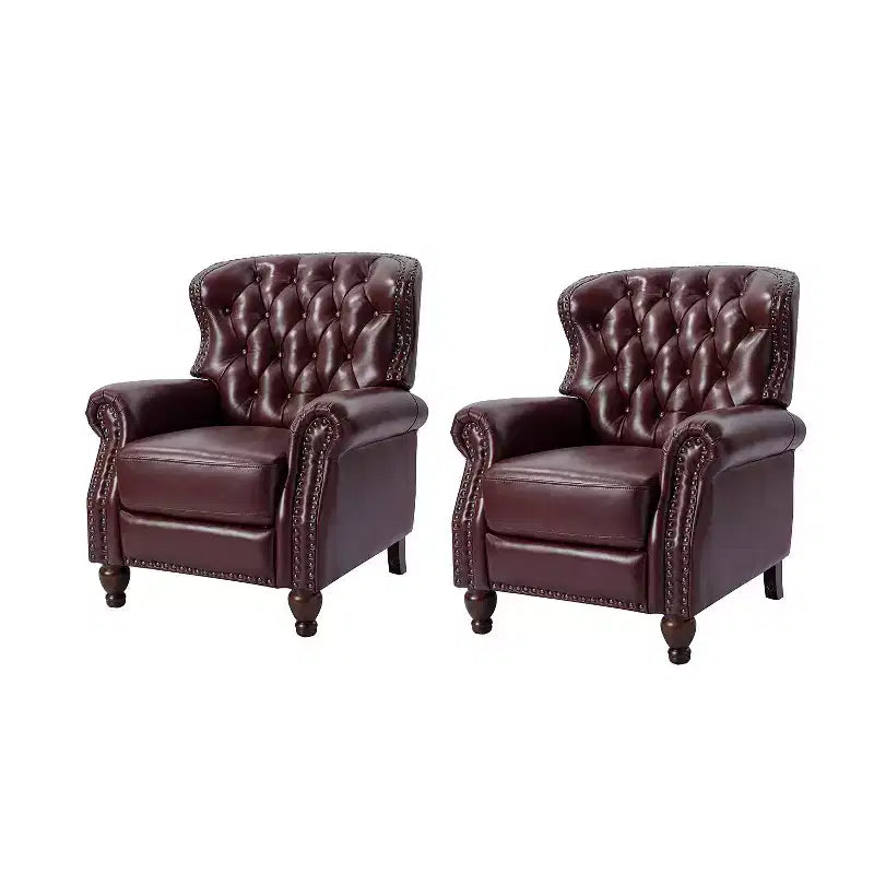 Set of 2 Justine Transitiona Wooden Upholstery Genuine Leather Recliner with Nailhead Trim for Living Room and Bedroom| ART OF LIVING DESIGNS