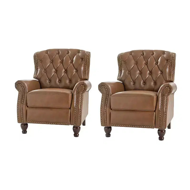 Set of 2 Justine Transitiona Wooden Upholstery Genuine Leather Recliner with Nailhead Trim for Living Room and Bedroom| ART OF LIVING DESIGNS