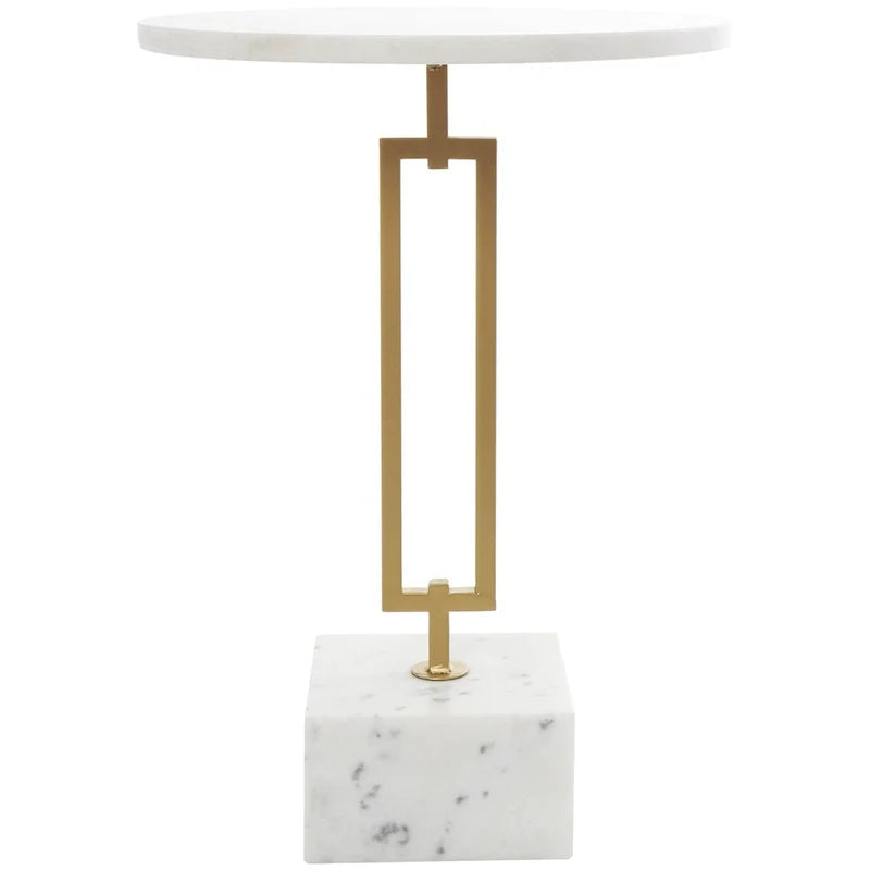 Tavolino d'appoggio/laterale geometrico in marmo con base rettangolare in metallo dorato - Bianco